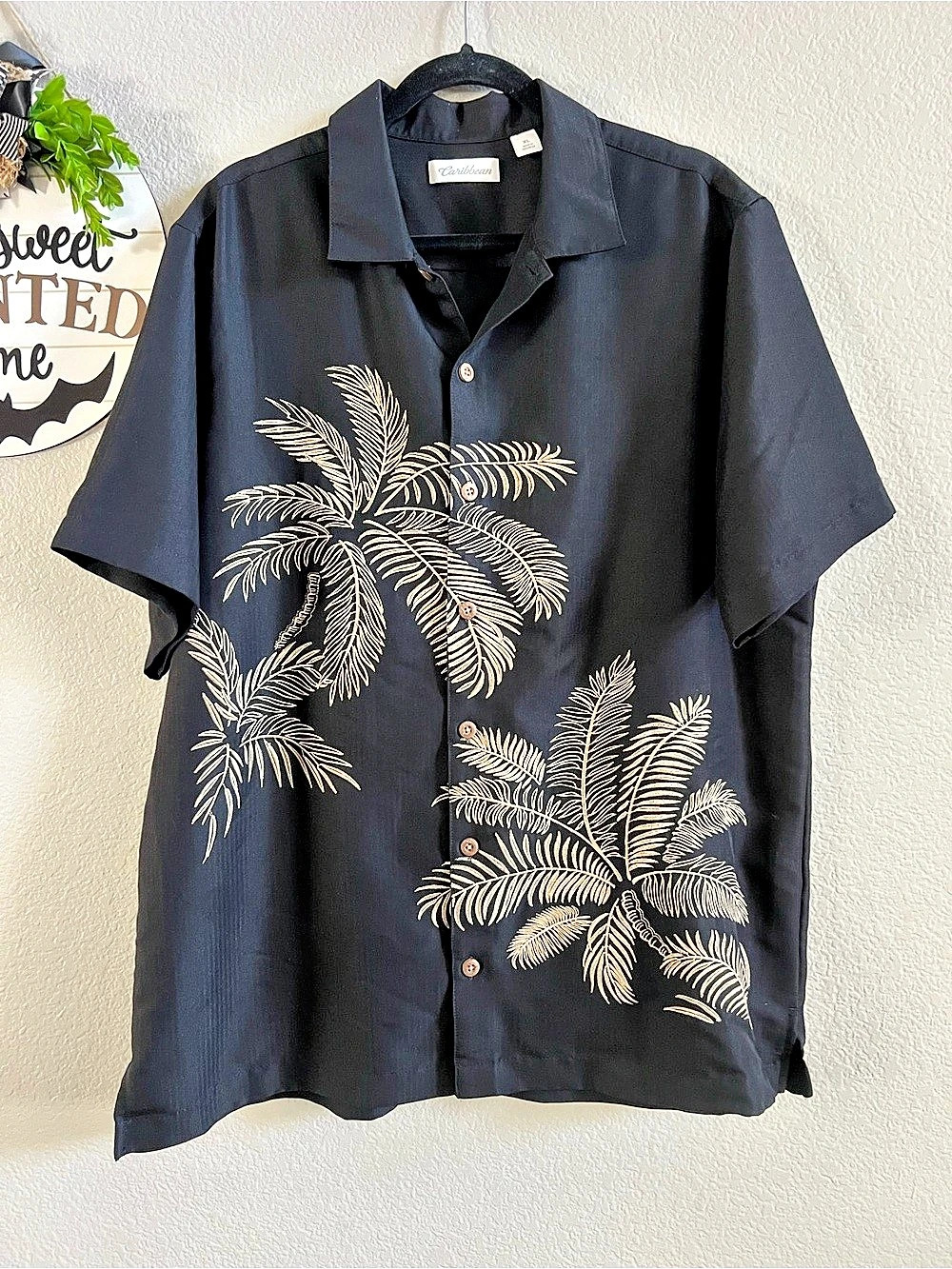 Caribbean Black Gold Palm Print Short Sleeve Shirt Size XL